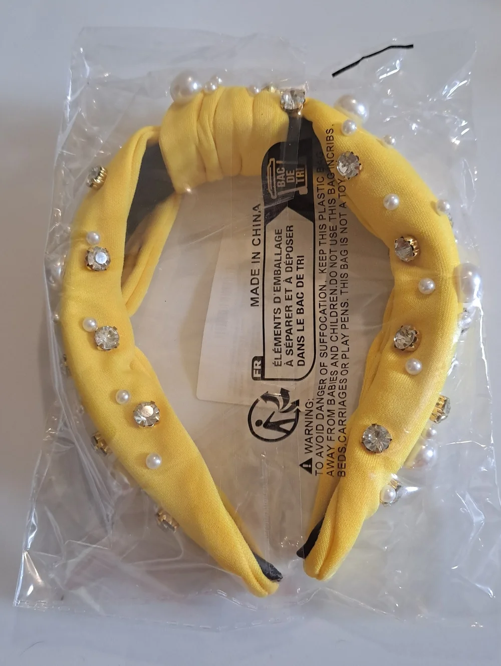 Yellow Faux Pearl & Rhinestone Knotted Headband - Wide, Solid Color